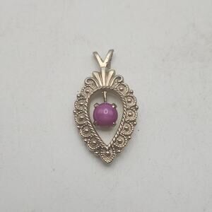 Vintage 12K Gold Filled Pink Spinel Cabochon Filigree Teardrop Pendant Victorian